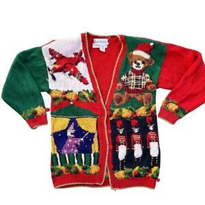 Vtg 1992 Marisa Christina Hand Knit Christmas Sweater Cardigan Size L